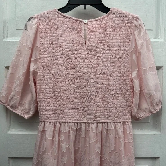 Merokeety Pink Smocked Midi Dress M Cottagecore Puff Sleeve Tiered - Picture 7 of 13